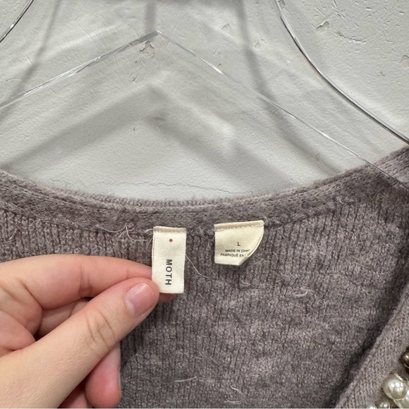 Anthropologie Moth Cardigan Sweater Pearl Neck Taupe Grey Alpaca Wool Large - Picture 4 of 11